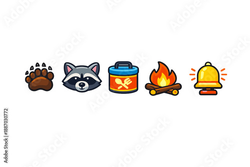 Cartoon animals and campfire symbols show outdoor fun and adventure with raccoon and camp gear in a colorful digital design
