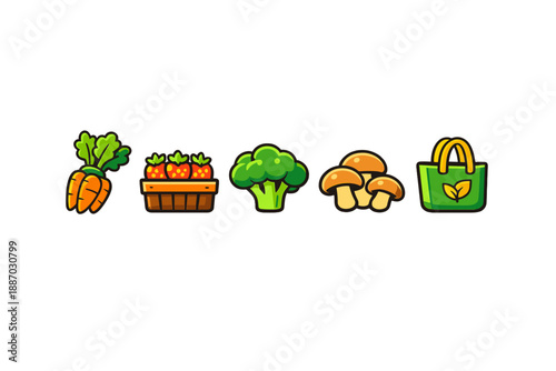 Farming items include carrots, strawberries, broccoli, mushrooms, and a green bag showing vegetables collected from the farm