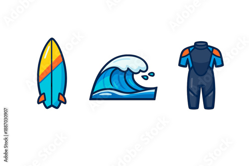 Surfboard, wave, and wetsuit shown together for people interested in surfing equipment and ocean activities at a beach setting