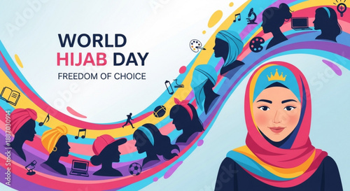 World hijab day celebration with woman wearing colorful hijab and freedom of choice theme