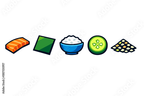 Sushi ingredients displayed in a row showing fish, seaweed, rice, cucumber, and sesame seeds
