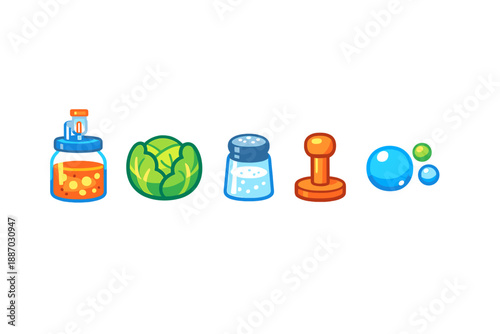 Cooking ingredients and tools on a simple background showing items needed for food preparation and preservation