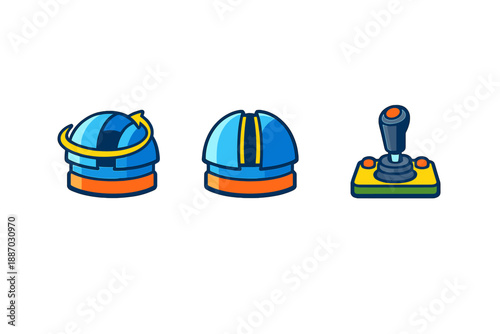 Different types of gaming hats and a joystick used in gaming activities for different gaming experiences from various genres
