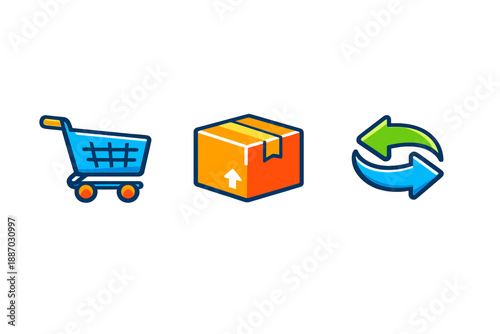 Icons showing shopping cart, package, and exchange symbol represent online shopping process with delivery