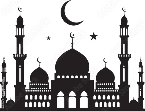 Islamic Mosque Skyline Silhouette Black Flat Vector Illustration.