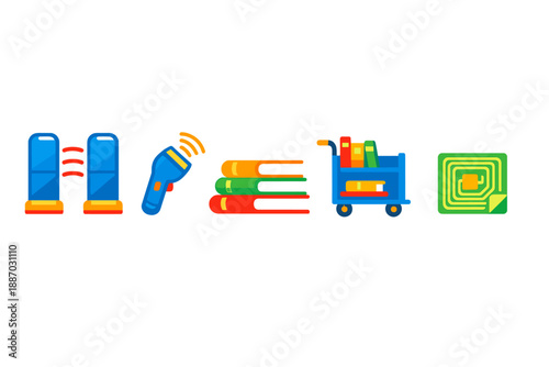 Library checkout process involves scanning books with a device and placing them into a cart for borrowing at a public library in the afternoon