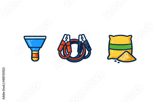 Tools for various tasks including a funnel for pouring, jumper cables for starting vehicles, and a bag of sand for different projects