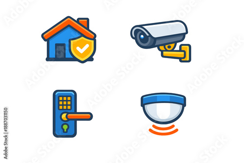 Home security tools include a house shield, a surveillance camera, a keypad lock, and a motion sensor with a focus on safety and protection solutions for buildings