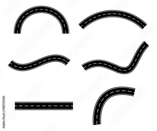 Set of six different black and white icons for curved and straight road parts.