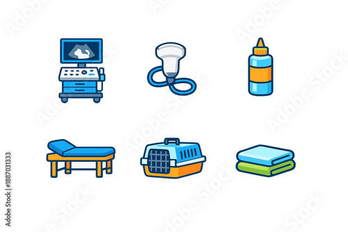 Tools and equipment for veterinary care in a medical setting with various items used for animal examinations and treatments