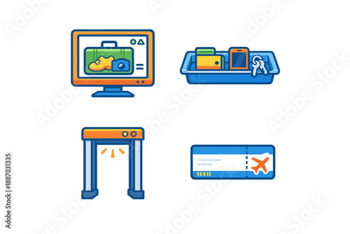 Icons showing airport check-in process with luggage, personal items, and boarding pass on screen related to travel
