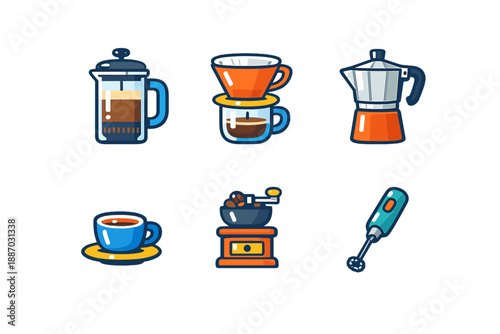 Different coffee brewing tools shown in an organized way on a white background