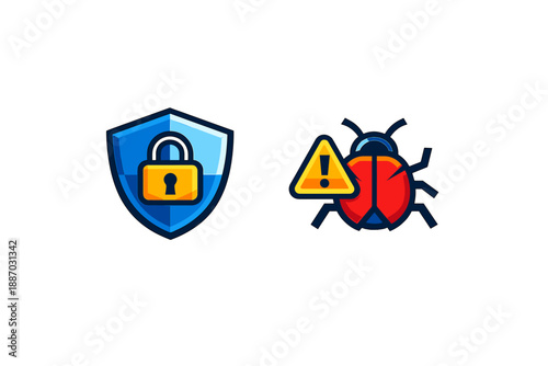 Shield and bug symbols represent security and threat detection in digital technology environments focusing on cybersecurity challenges and solutions