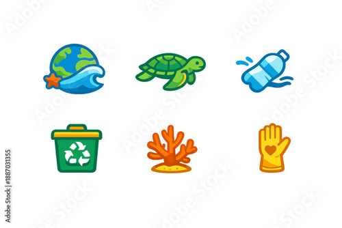Images show a planet ocean scene, a turtle swimming, a plastic bottle, a recycling bin, coral, and a hand with a heart in a colorful design about marine conservation