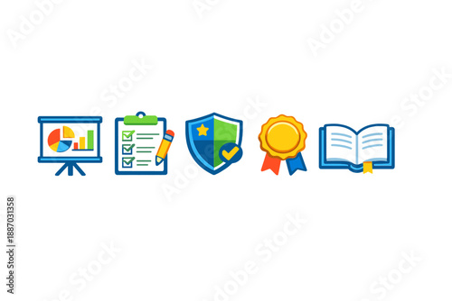 Icons showing various educational tools and elements used for teaching, assessment, and recognition of student achievements in a classroom setting