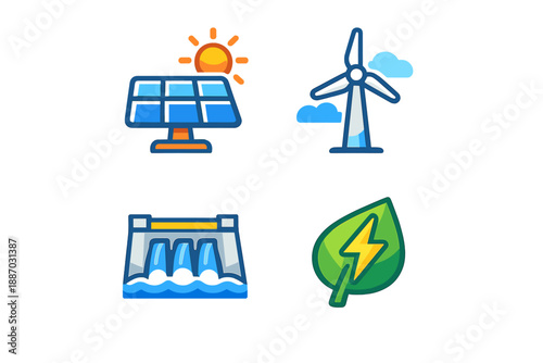 Renewable energy icons showing solar, wind, hydro, and green energy sources in a simple design format
