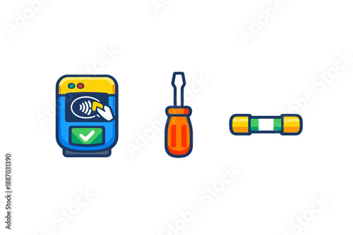 Tools for various tasks in a simple layout with a card reader, screwdriver, and weight