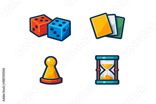 Bright and colorful board game pieces featuring dice, cards, a pawn, and an hourglass for game night fun and entertainment