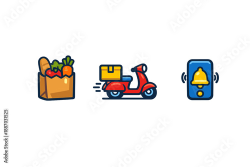 Delivery service for groceries using electric scooter with a delivery box, showing bag of groceries, scooter, and notification bell