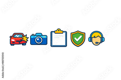 Crash report process for vehicle accidents with icons representing car damage, camera use, documentation, insurance, and customer support