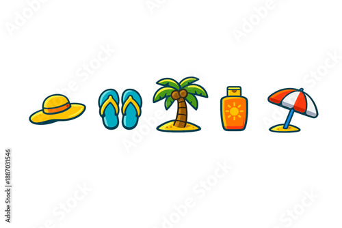 Items found at a beach scene including a sun hat, sandals, palm tree, sunscreen bottle, and beach umbrella for a day in the sun