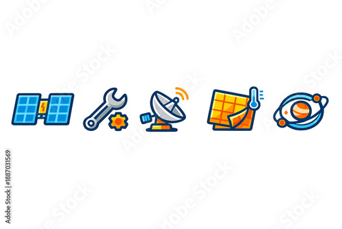 Solar panels and tools are present in a graphic showing energy technology and communication methods used in modern science projects