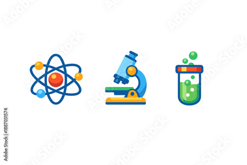 Different scientific symbols show an atom, a microscope, and a test tube for education about science and experiments in laboratories