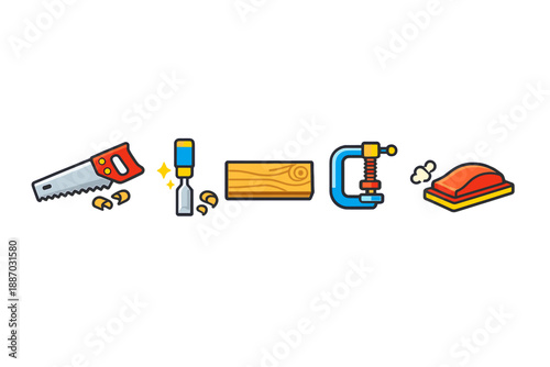 Tools for woodworking shown in a sequence including a saw, chisel, piece of wood, clamp, and sanding block arranged on a plain background
