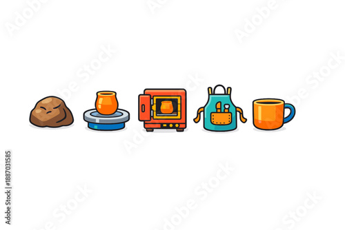 Clay is shaped into a vase on a pottery wheel and then fired in a kiln to create a finished piece with tools around it