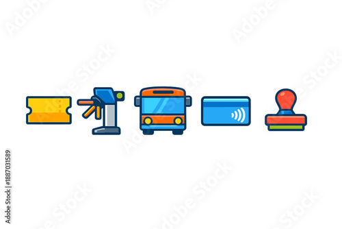 Icons showing different types of transport ticketing and validation methods used in bus travel showing a ticket, a machine, a bus, a card, and a stamp
