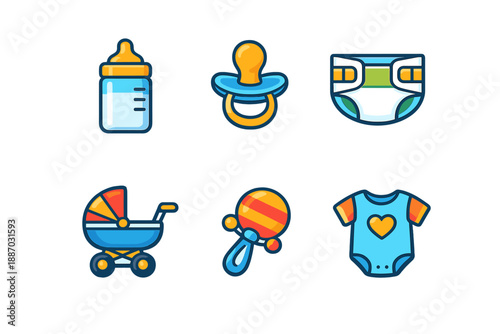 Collection of baby items including bottle, pacifier, diaper, stroller, rattle, and onesie in a simple design