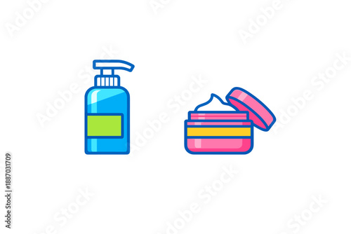 Skin care products on white background show a bottle design and a cream container with colorful labels made for daily use in personal grooming routines