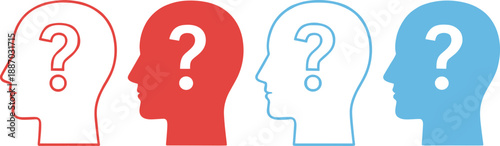 Question head profile icon set with human silhouette and question mark for thinking doubt and problem solving design