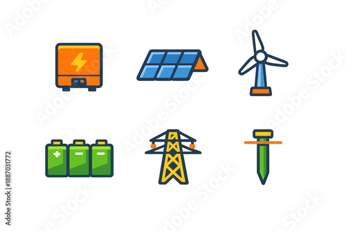 Icons representing energy sources and storage methods including solar, wind, and battery systems