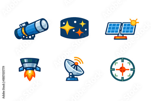 Various space and science icons showing instruments and technology related to astronomy, energy, and communication in a simple layout