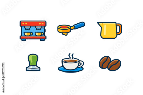 Coffee making tools and ingredients are displayed on a white background showing equipment and drink preparation steps