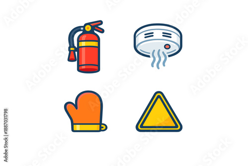 Fire safety tools shown in simple design with a fire extinguisher, smoke detector, oven mitt, and warning sign
