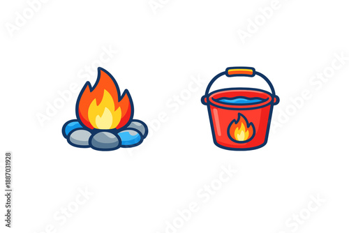 Fire and water symbols show safety measures for outdoor campfires and methods for putting out flames effectively