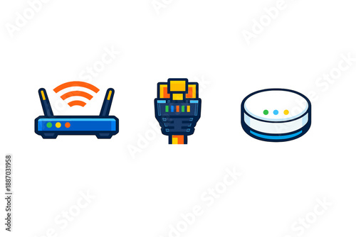 Different types of networking devices including a router, Ethernet cable, and smart speaker arranged in a line with a white background