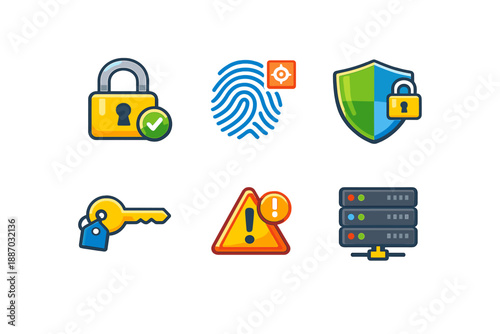 Collection of security icons showing lock, key, fingerprint, shield with padlock, warning sign, and server symbols representing online safety and data protection