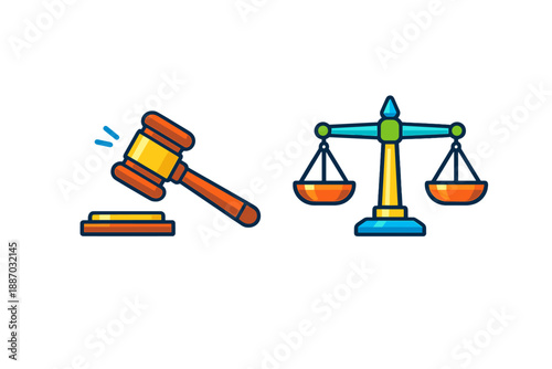 Artwork shows a gavel hitting a sound block next to a set of scales of justice illustrating themes of law and order in a simple style