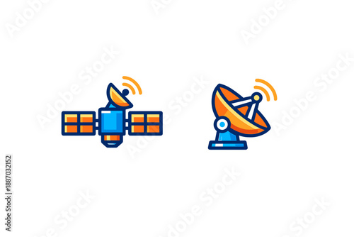 Satellite and dish sit side by side showing technology used for communication and data transfer in modern society during daytime