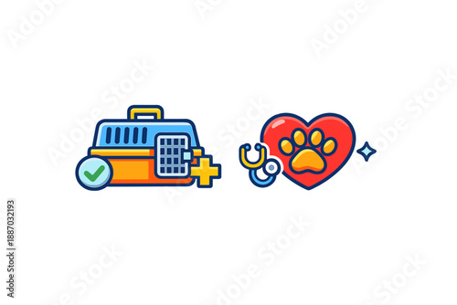 Graphic representing pet care with a carrier, a stethoscope, and a heart symbol at a veterinary clinic during daytime