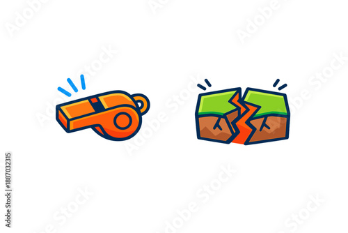 Whistle and broken ground icon design showing different concepts for sports and environmental issues