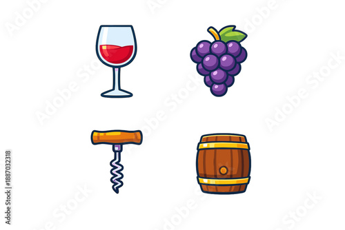 Different items related to wine making including a glass of wine, grapes, a corkscrew, and a barrel in a simple, colorful design