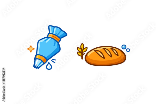 Piping bag and loaf of bread sit together in a simple setting with colors that show the details of baking and decorating
