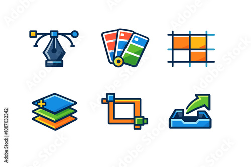 Design tools show various items like colors and shapes used in creative work, highlighting the importance of graphic design in modern projects