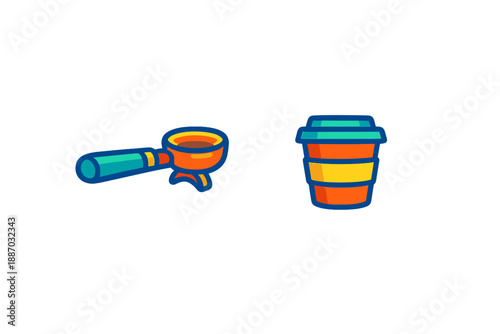 Coffee making tools on a white background showing a coffee scoop and a cup often used in cafes during morning hours