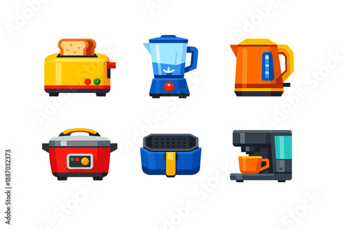 Colorful kitchen appliances displayed on a white background including a toaster, blender, kettle, rice cooker, steamer, and coffee maker with visible buttons and details