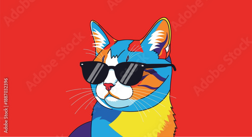 A colorful pop art illustration of a cat wearing sunglasses